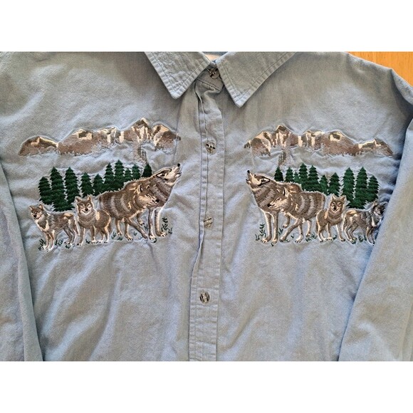 VTG Casey Coleman Button Up Shirt Blue Embroidered Winter Wolves Cotton Size XL - Picture 2 of 9